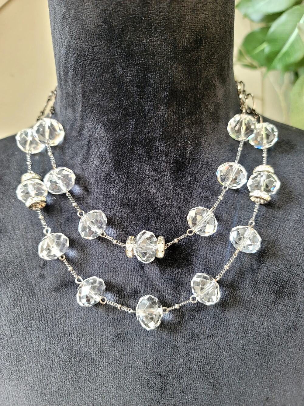 Clear Crystal Beaded Multi Strand Statement Necklace Silver Tone Elegant Jewelry